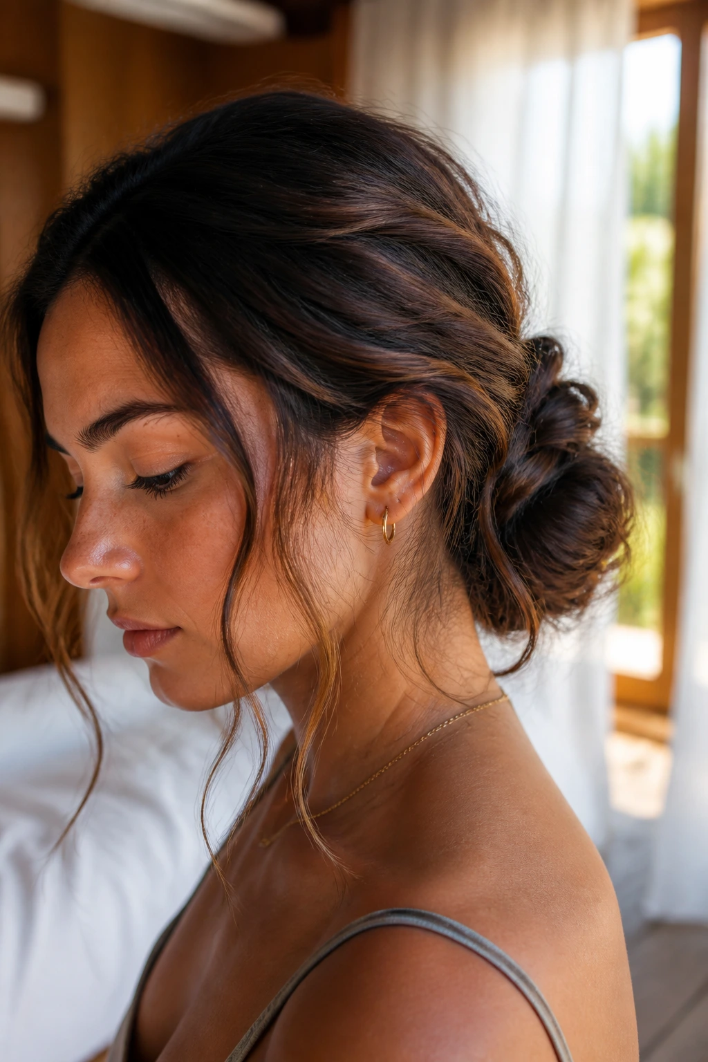 Close-up of a real woman with a low braided bun and beachy waves
