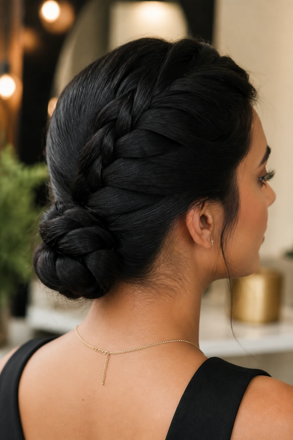 Close-up of a woman with a wrapped low French braid chignon at the nape