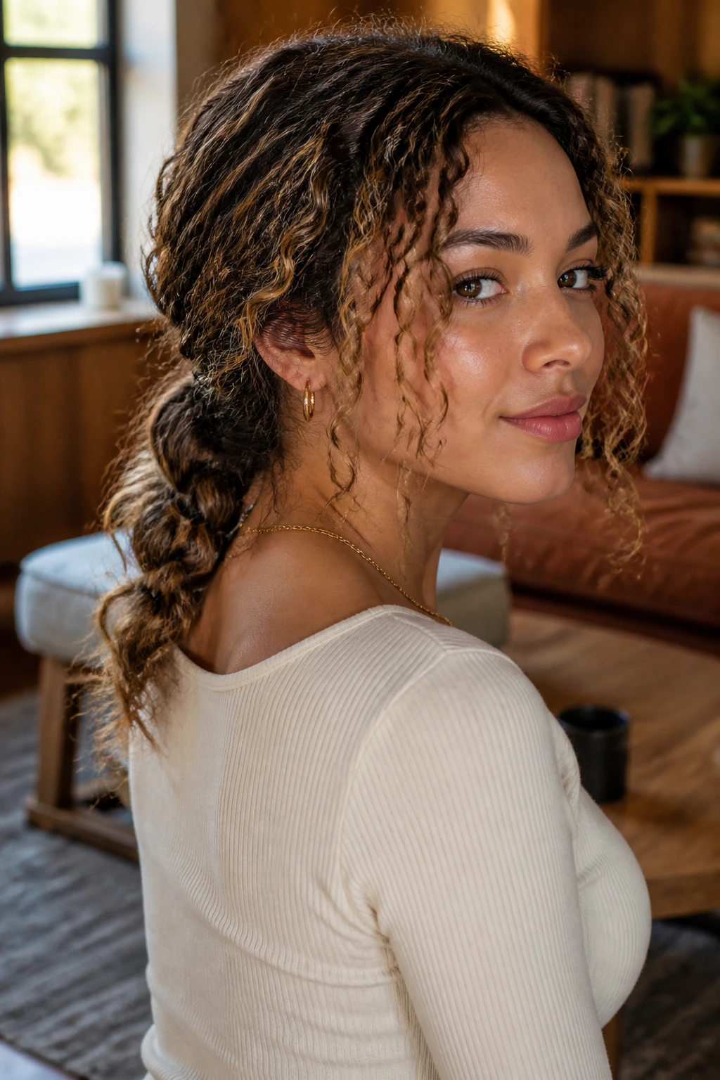Close-up portrait of woman with low braid-out pony and visible curls in a cozy living room