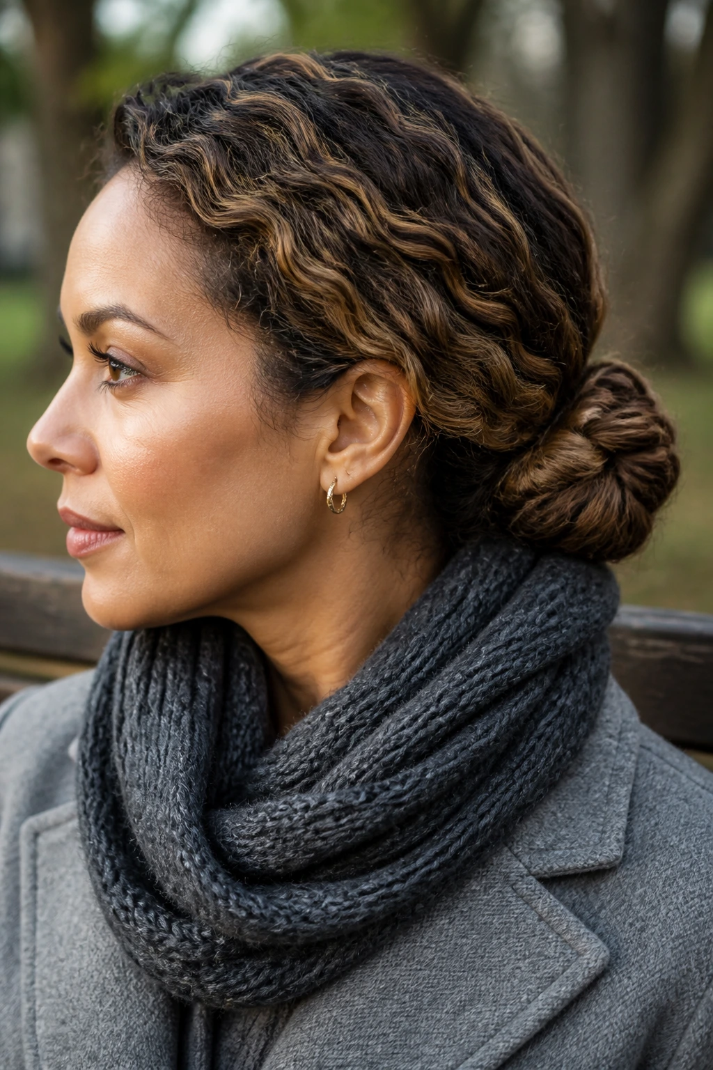 Real woman with a low braided bun at the nape and textured braid lines.