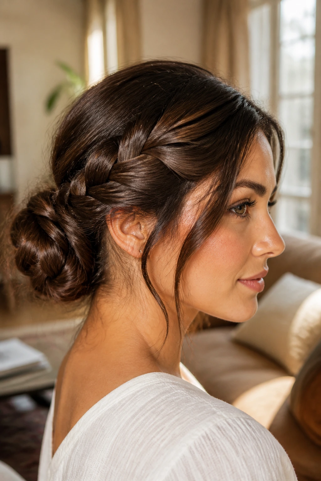 Close-up of a woman with a low braided bun