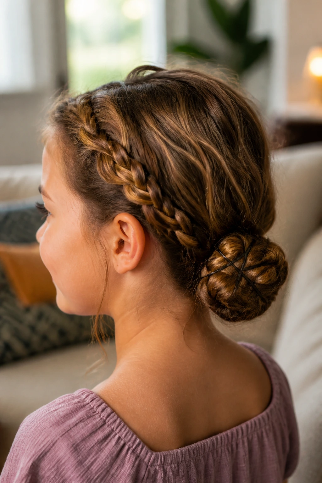 Close-up portrait of a real child with a low braided bun at the nape, showing texture from loose waves