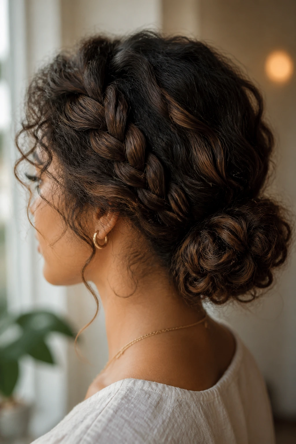 Real woman with a low braided bun and thick curls.