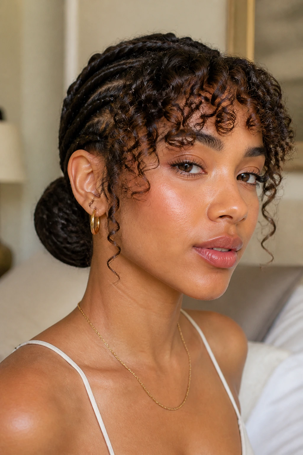 Close-up of a real woman with a low braided bun and curly fringe