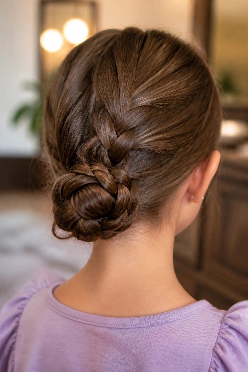 Back view of a real girl with a low braided bun, hair tucked neatly.