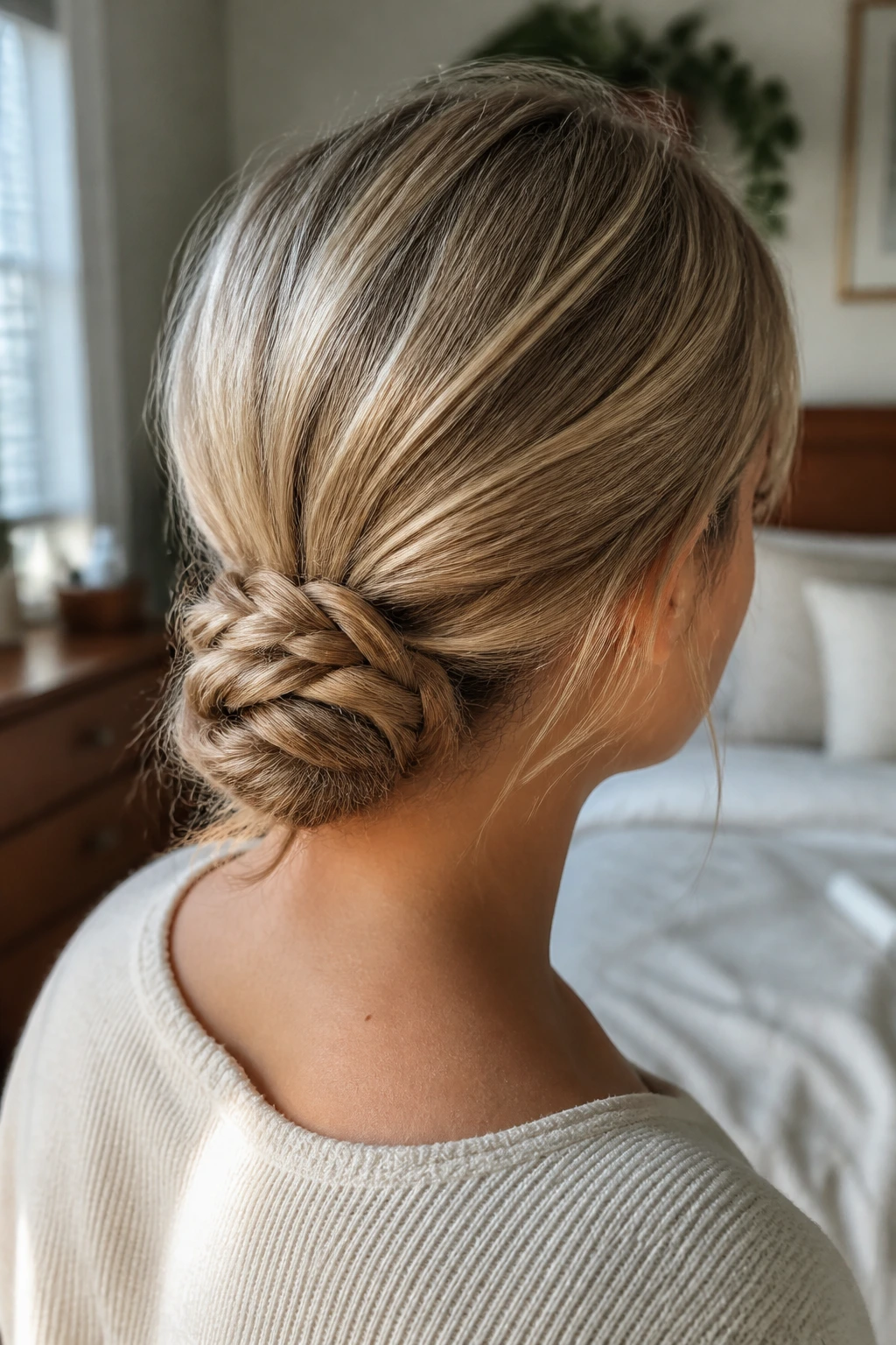 Close-up portrait of a woman with a low braided bun at the nape, warm window light
