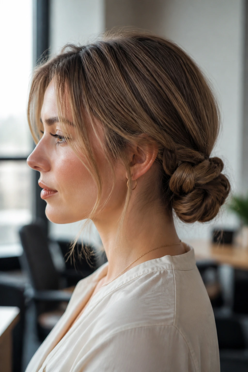 Side-profile portrait of a woman with a low braided bun at the nape