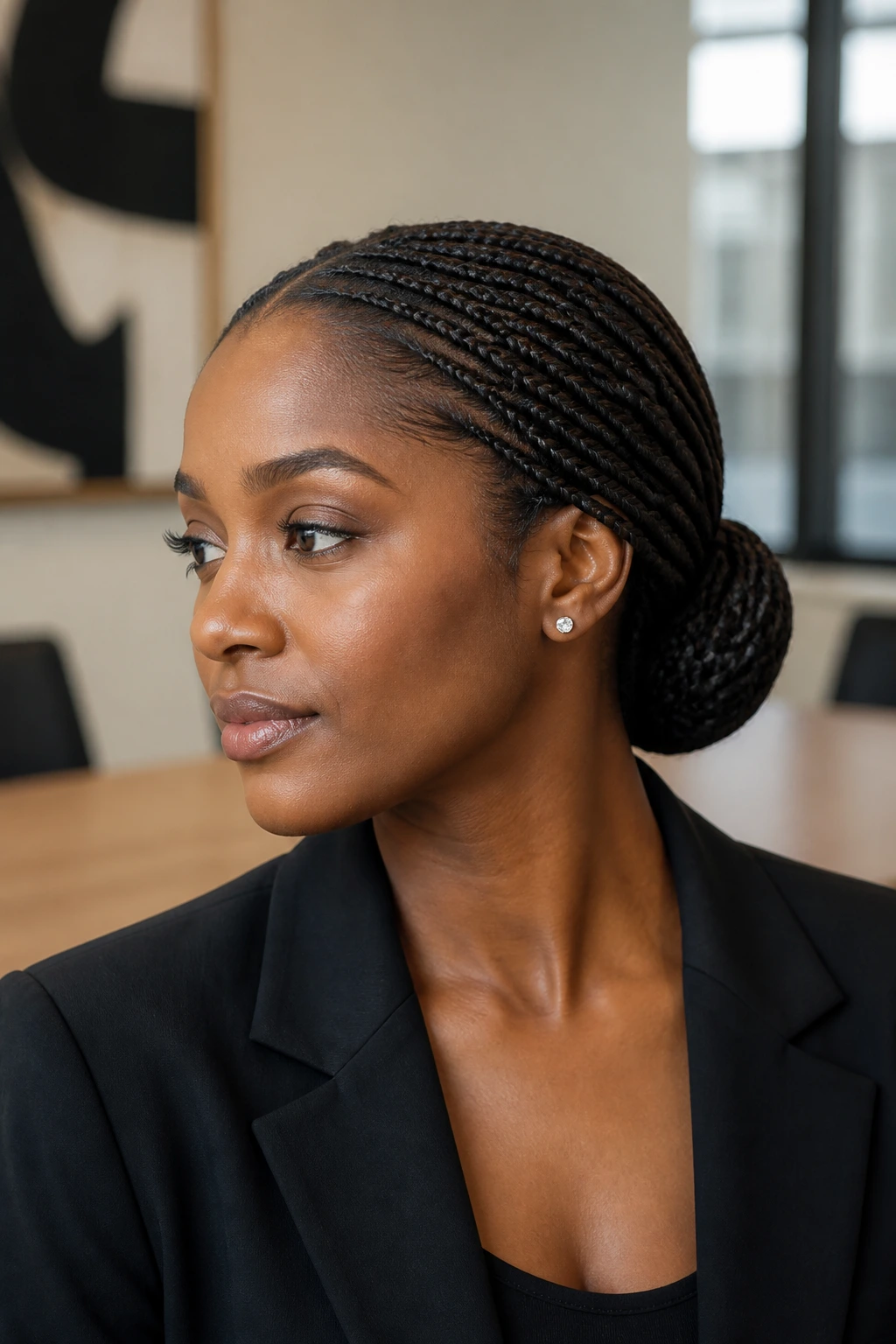 Close-up of a real Black woman with a low braided bun at the nape in an office setting.