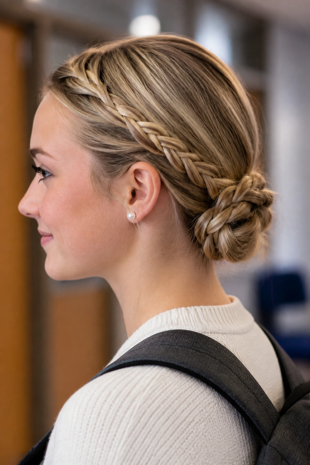Close-up of real person with a low braided bun at the nape