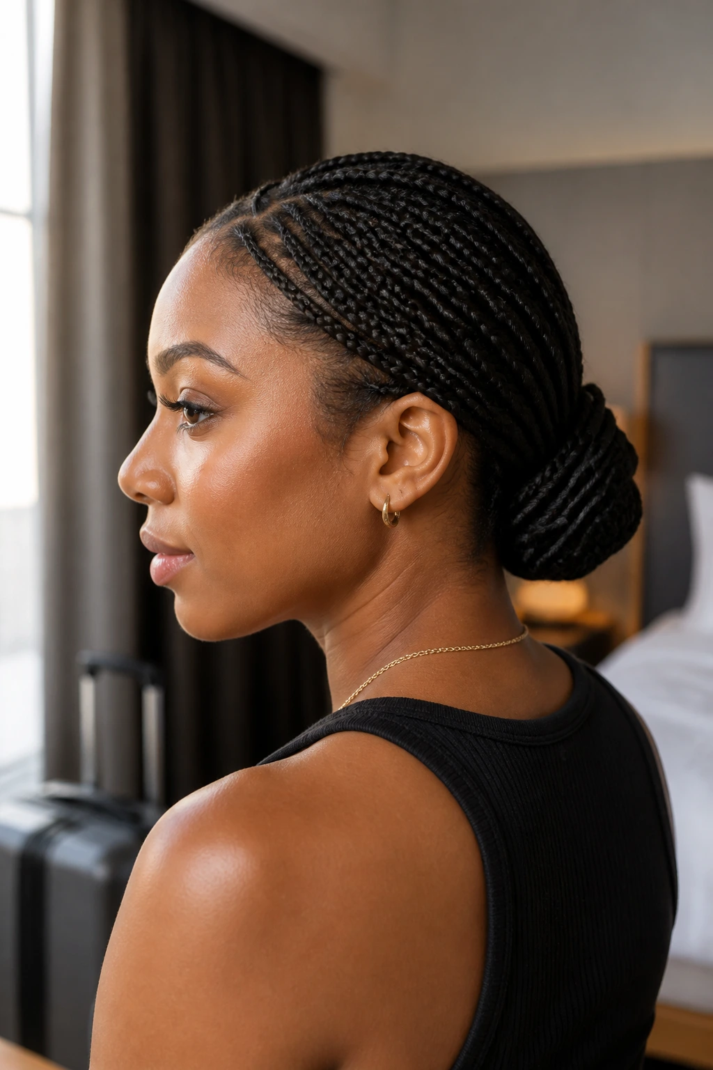 Close-up of a real woman with a low braided bun in a hotel room setting.