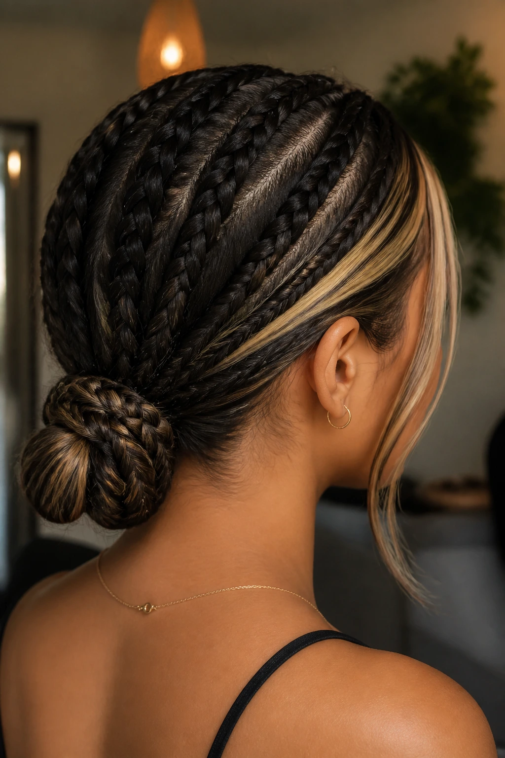 Back/side profile of Low Braided Bun with Sliced Highlights on a real person