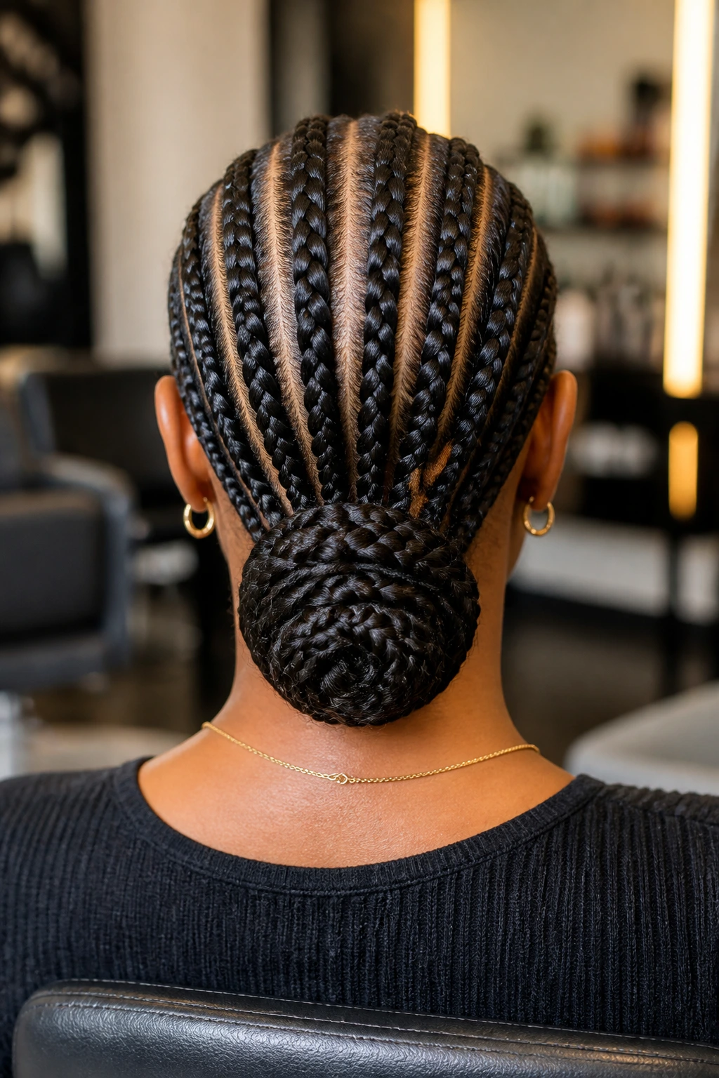 Back-of-head close-up of a real woman with a low braided bun