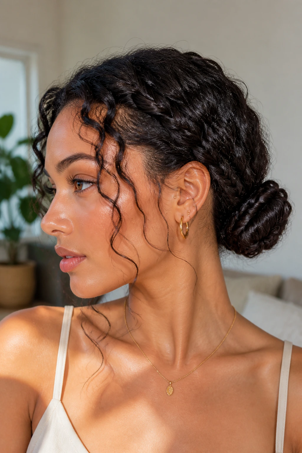 Close-up of a real woman with a low braided bun and tendrils framing her face
