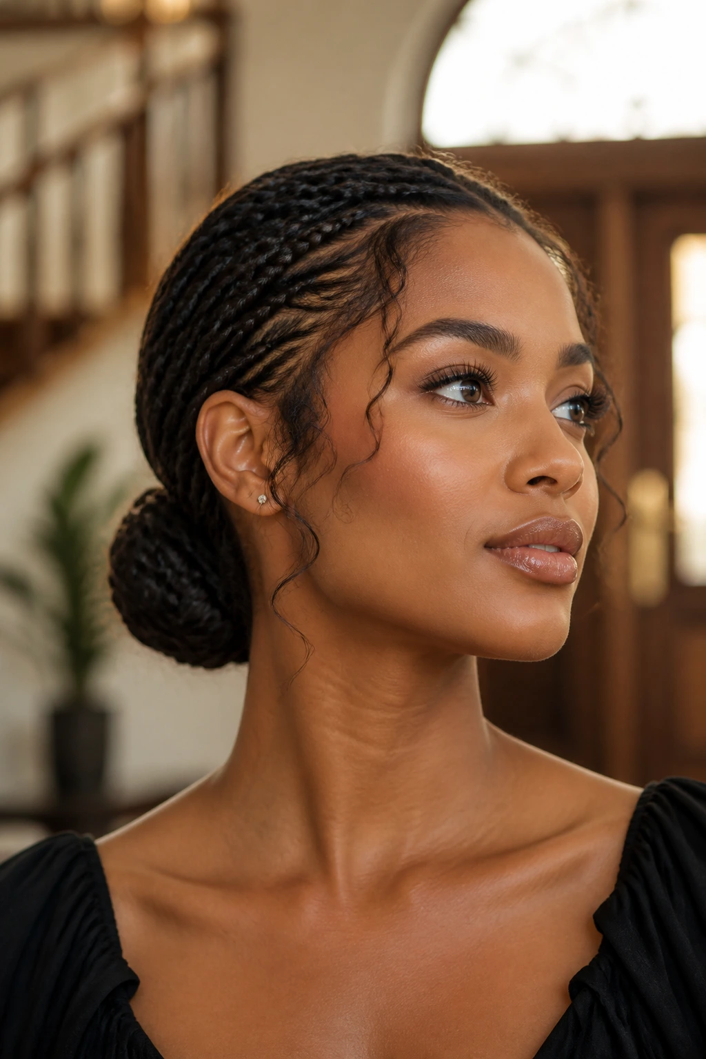 Portrait of a real person with a low braided bun and side tendrils