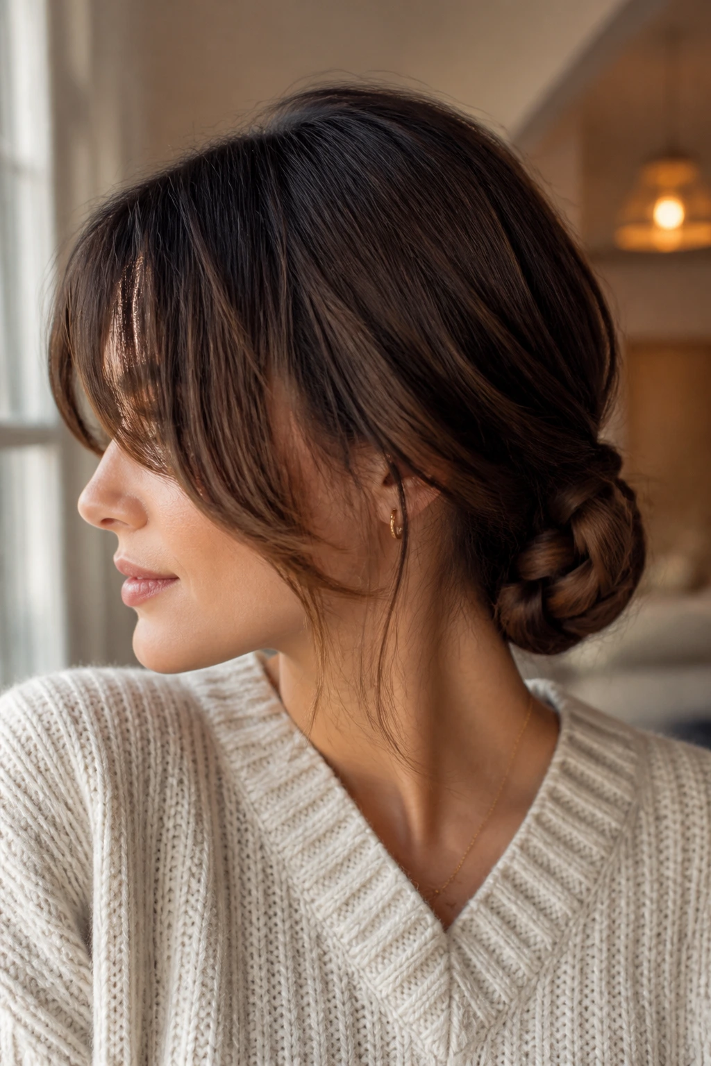 Close-up portrait of a real woman with a low braided bun at the nape and curtain bangs