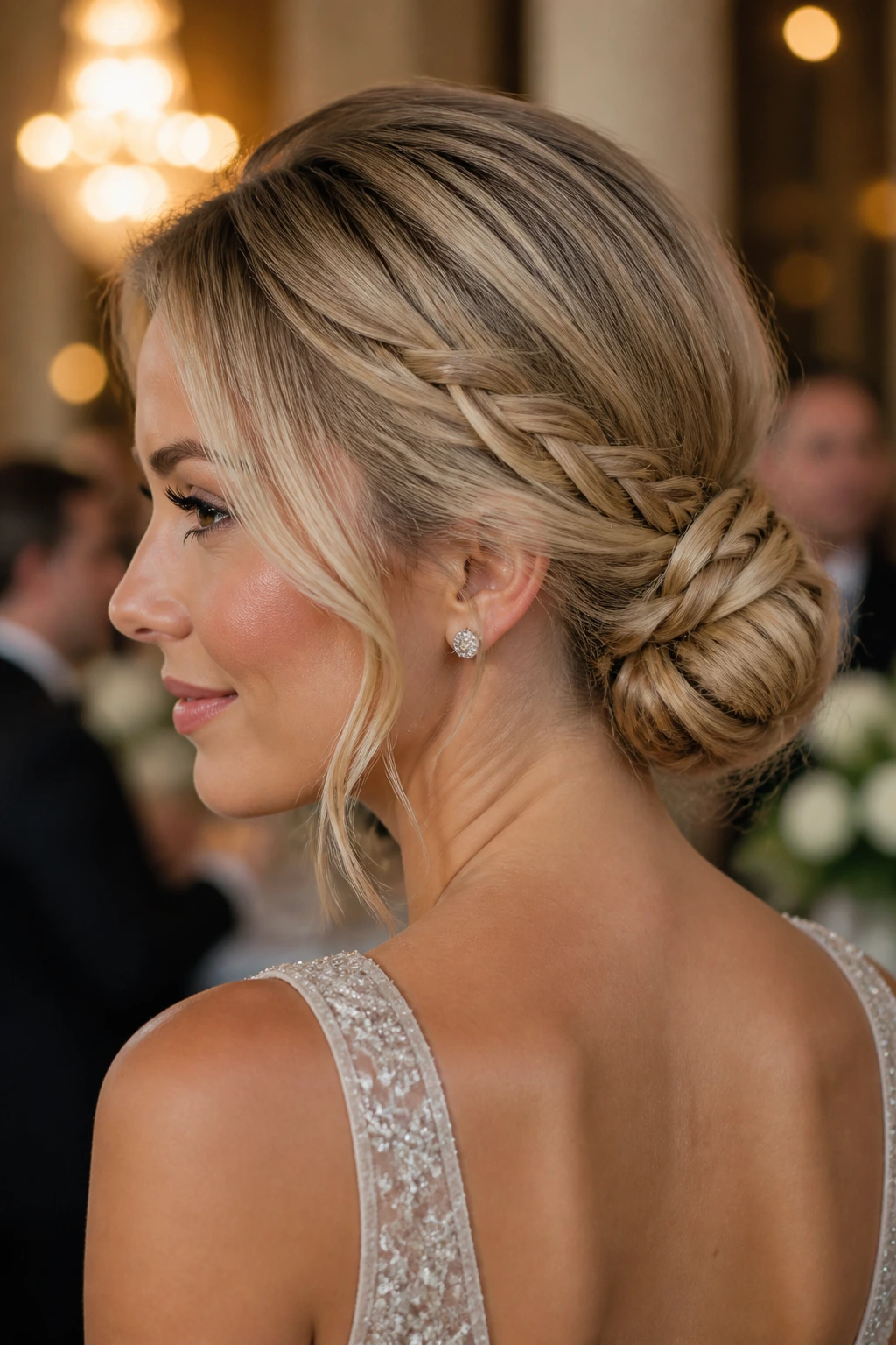 Portrait of a woman wearing a low braided chignon at the nape in warm lighting