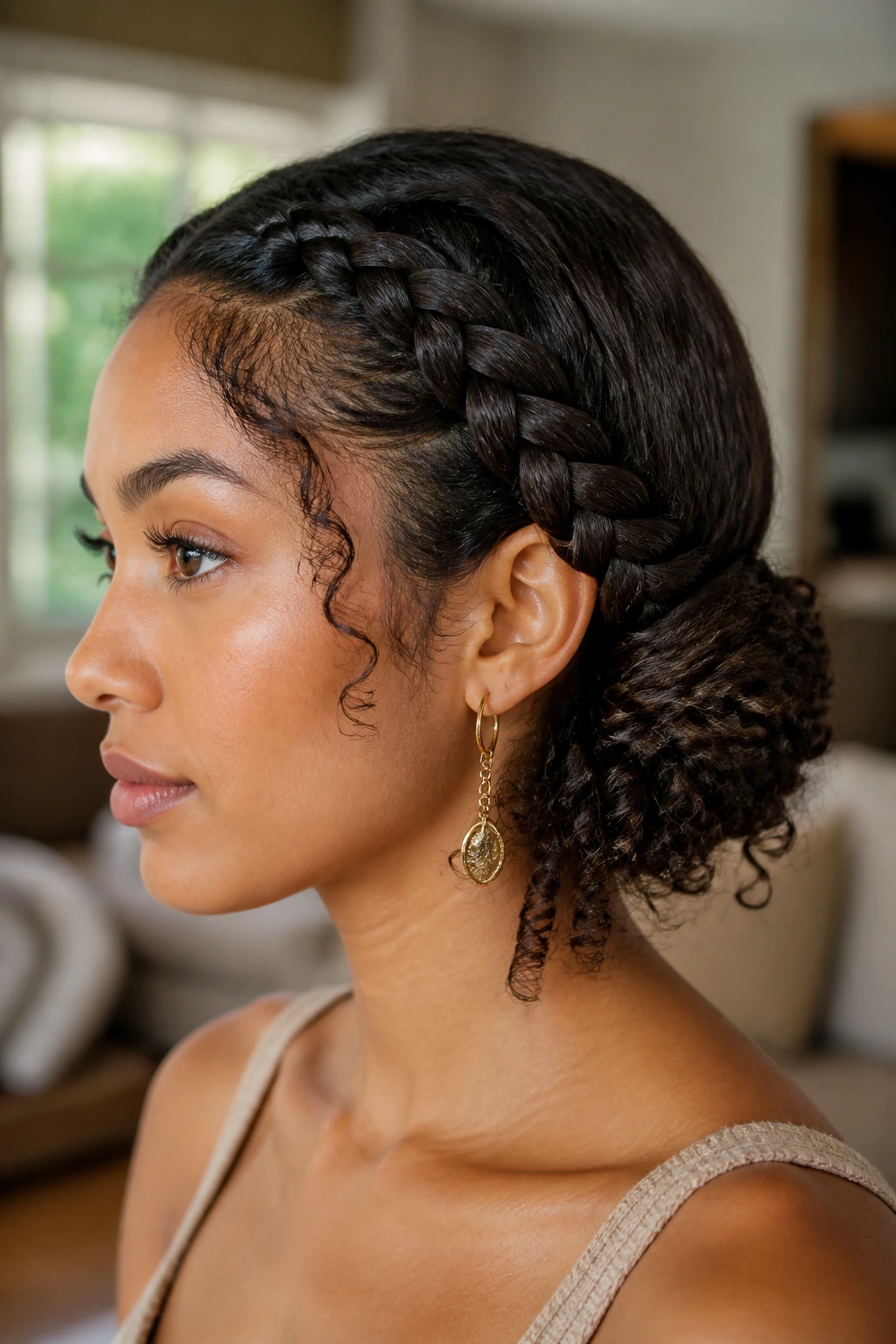 Close-up of a real woman showing a low braided chignon with curly ends at the nape