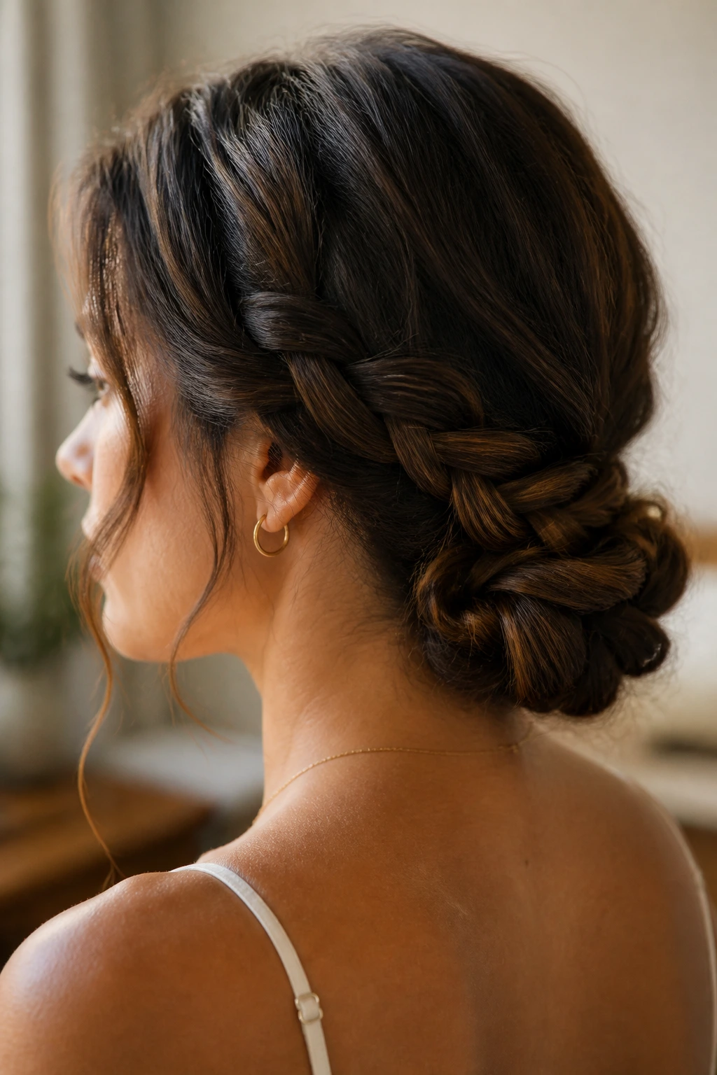 Close-up of a real woman wearing a low braided chignon updo in natural light