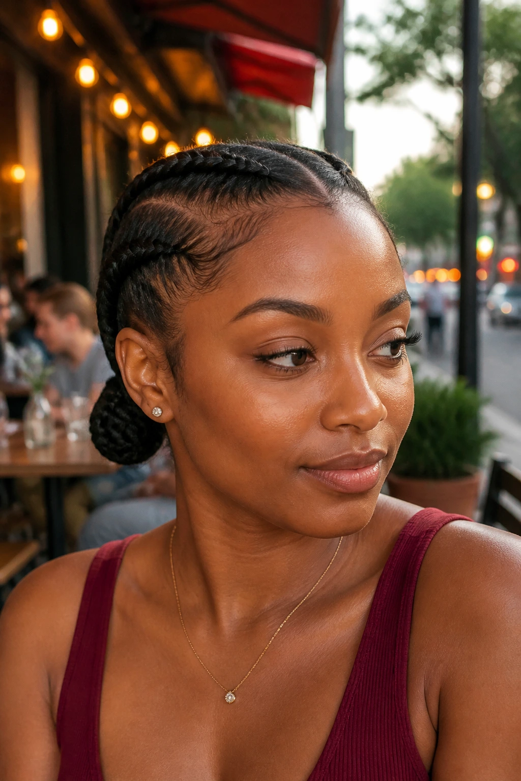 Close-up of a real woman with low braided pigtail buns in a cafe setting