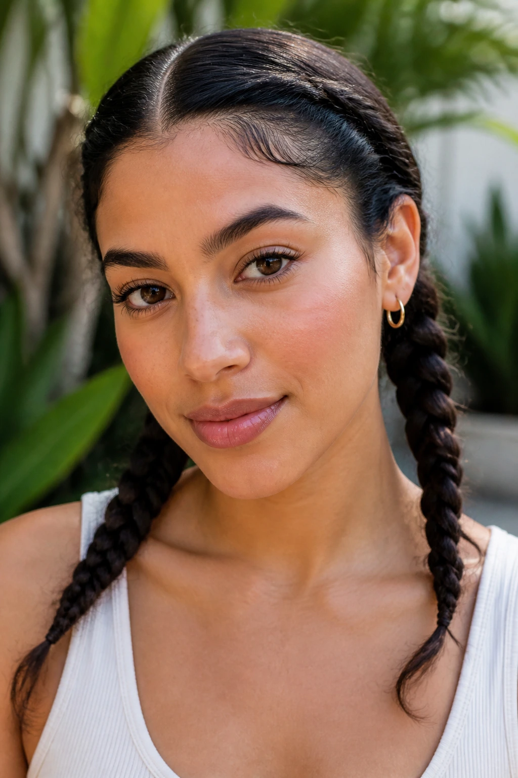 Close-up of a real woman with low braided pigtails
