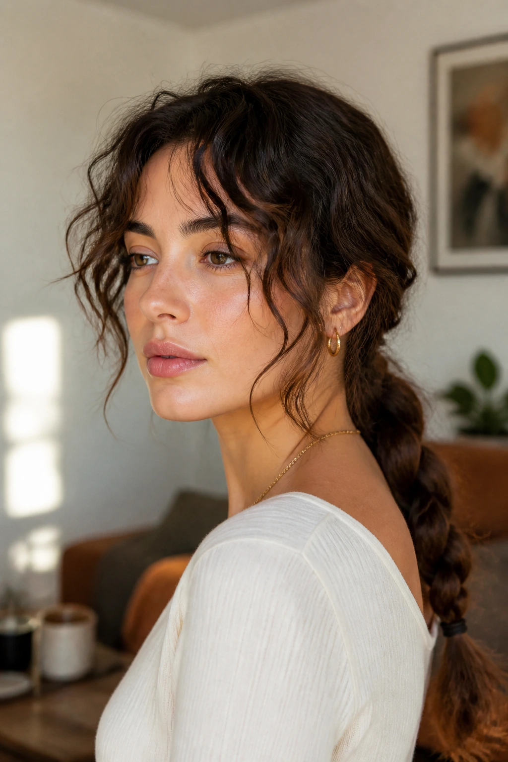Three-quarter portrait of a real woman with a low braided ponytail and curtain bangs
