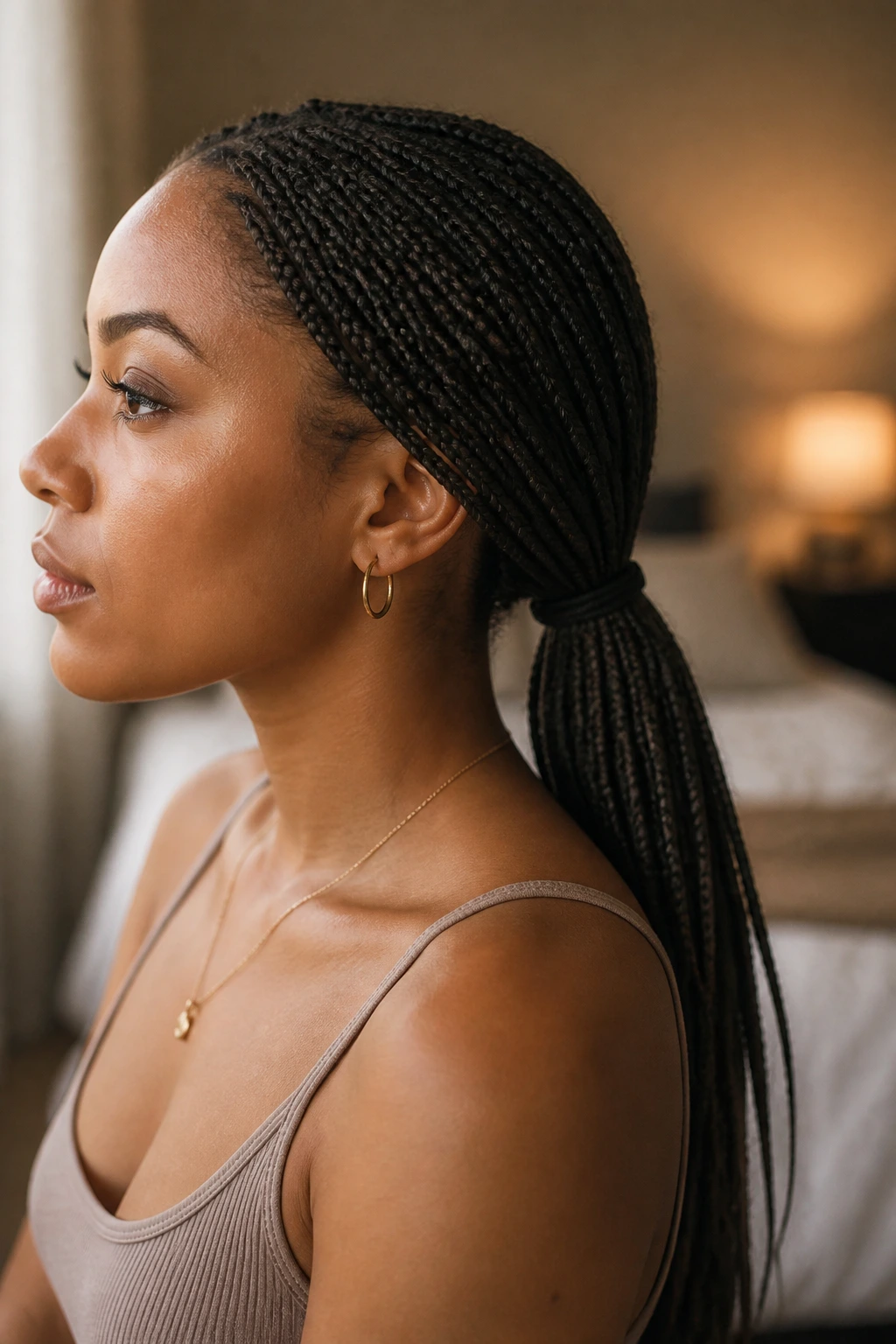 Close-up of a real woman with a low braided ponytail at the nape in a cozy bedroom.