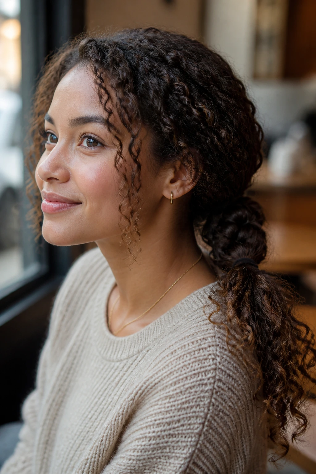 Close-up portrait of a real woman with a low braided ponytail and curly ends in daylight.