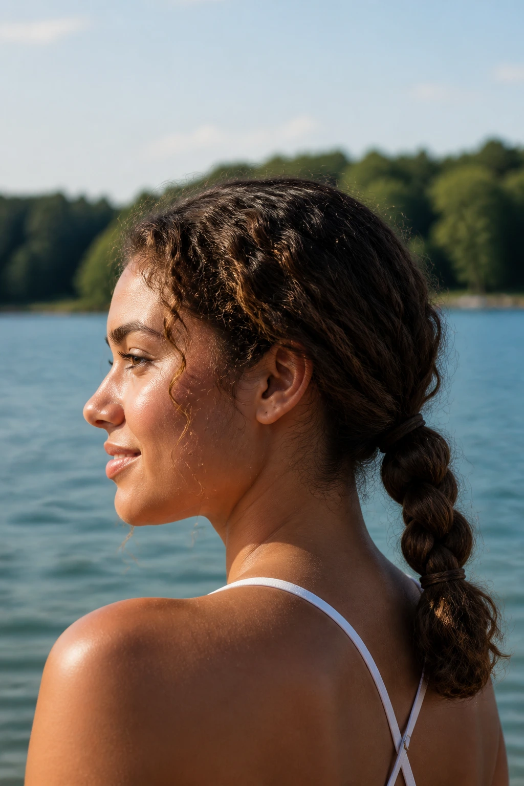 Close-up of real woman with a low braided ponytail at the water's edge.