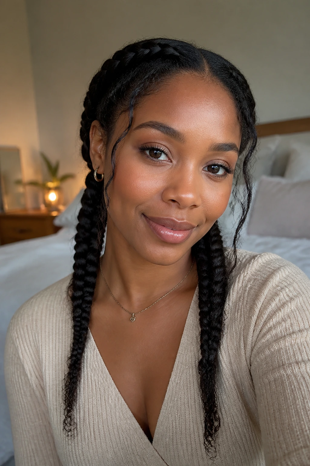 Two low braids with tapered ends on a real person