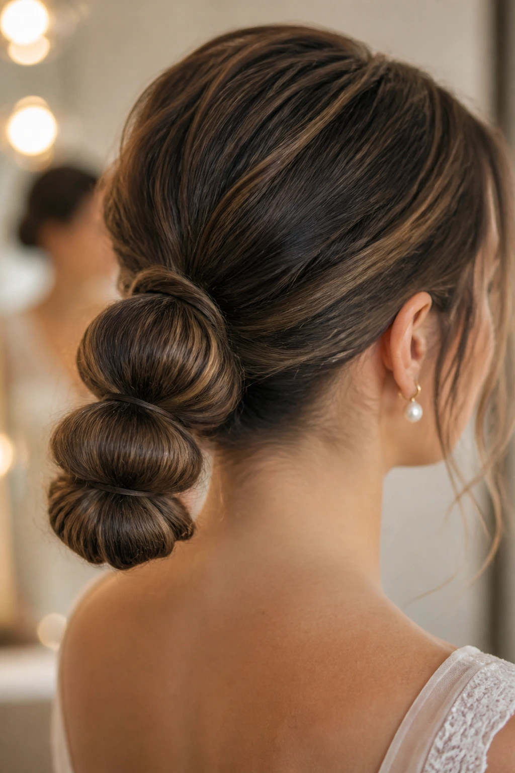Low bubble bun with segmented sections on a real head