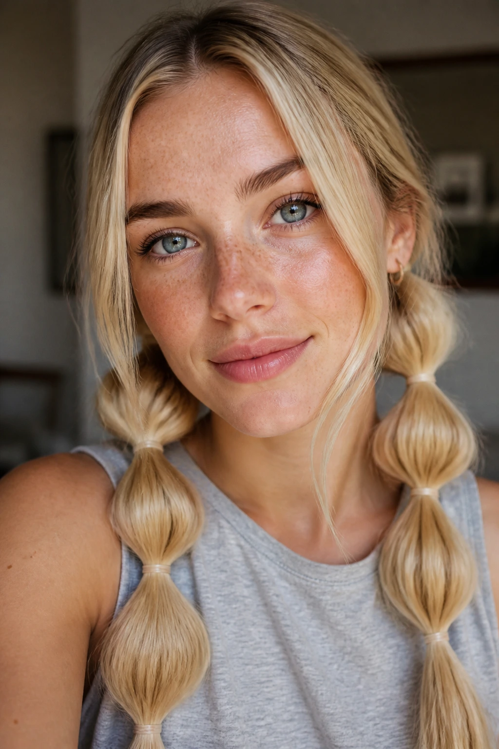 Close-up portrait of a real woman with low bubble pigtails in beige blonde hair.