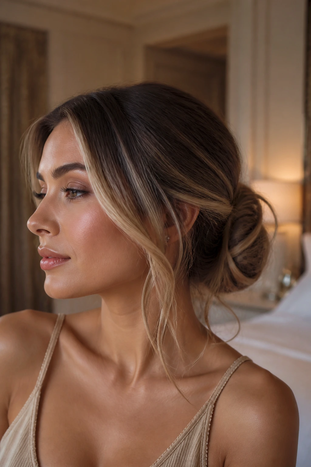 Close-up of a real woman with a low bun and blonde veil pieces at the nape and temples