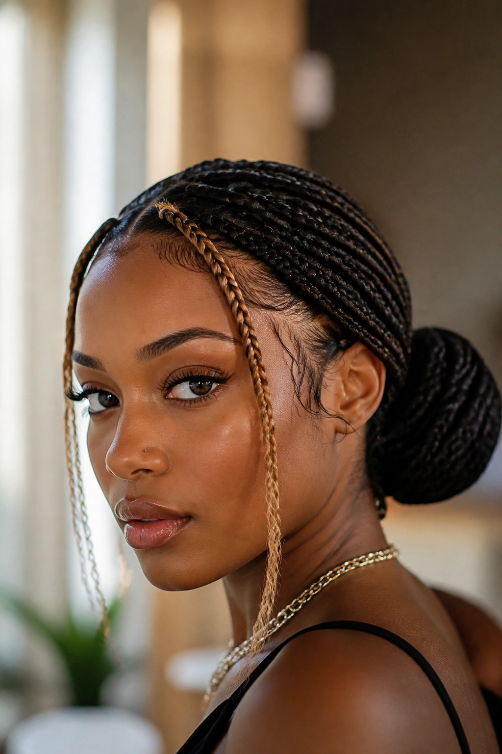Close-up of real person with a low bun and face-framing honey highlights