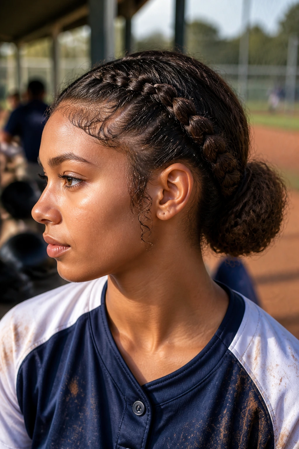 Close-up of athlete with low bun braided sides