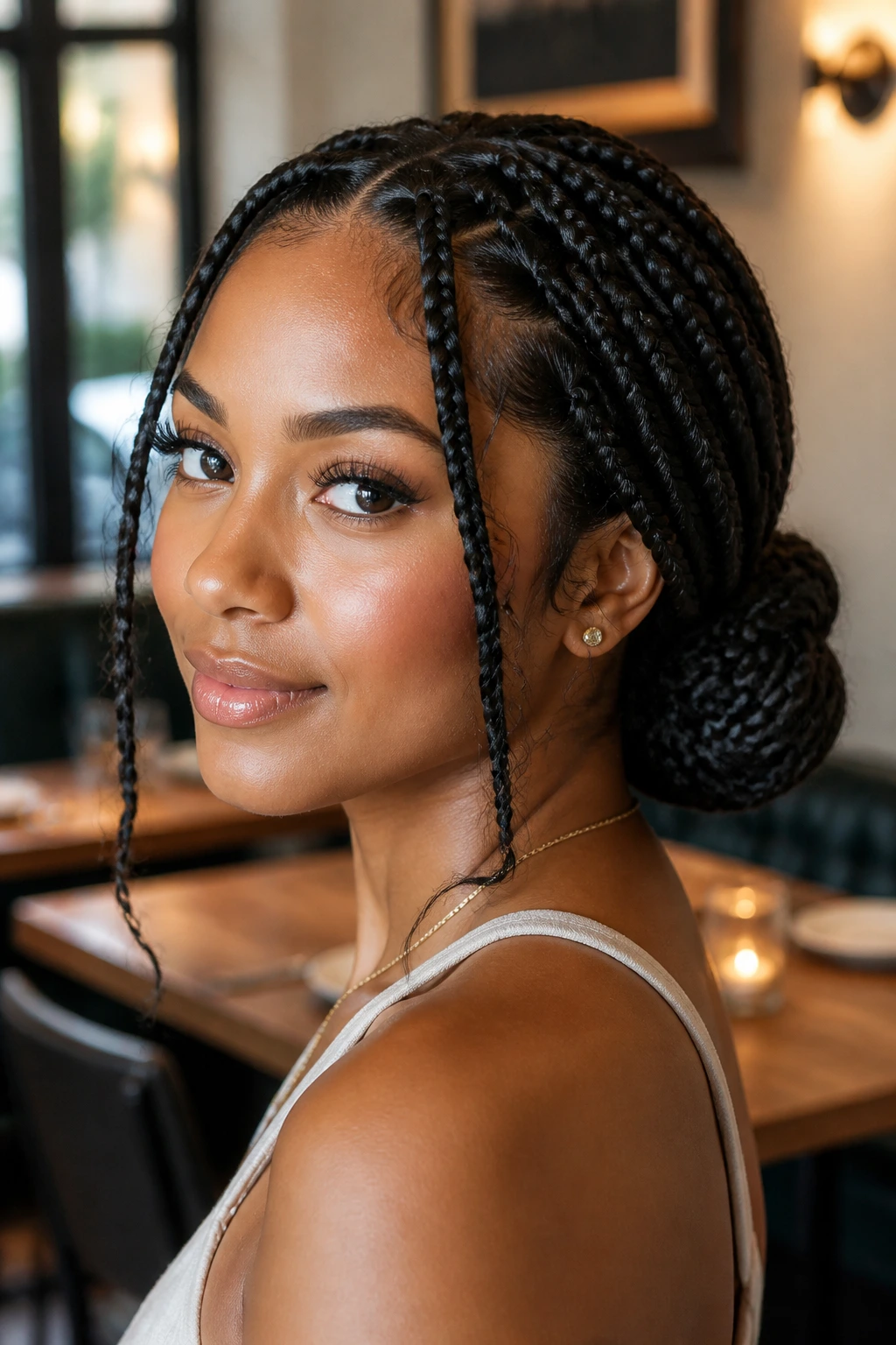 Close-up of low bun braids with two soft front pieces framing the face