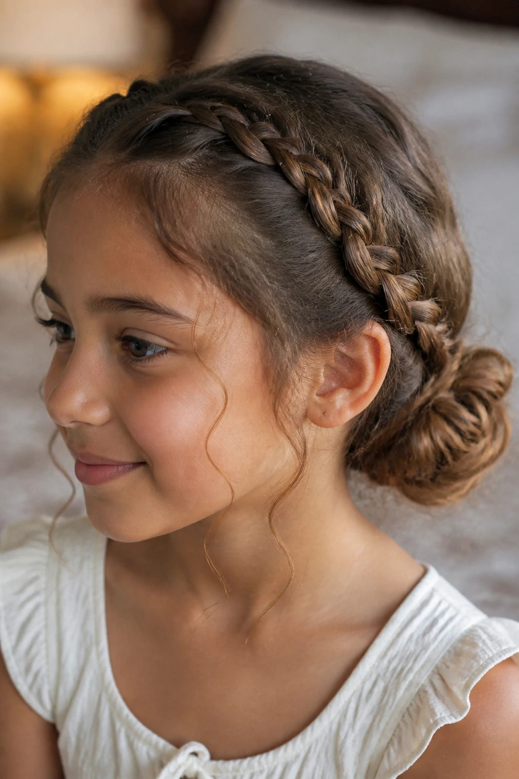 Close-up portrait of a real child with a low bun braided look on wavy hair