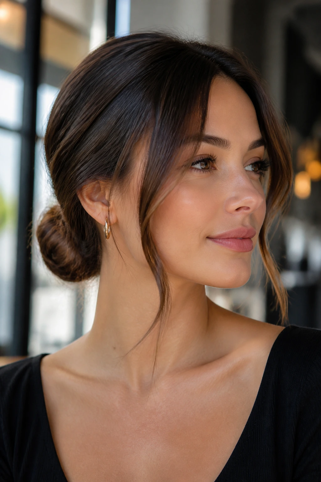 Close-up of a real woman with a sleek low bun and loose front pieces in brunette hair.