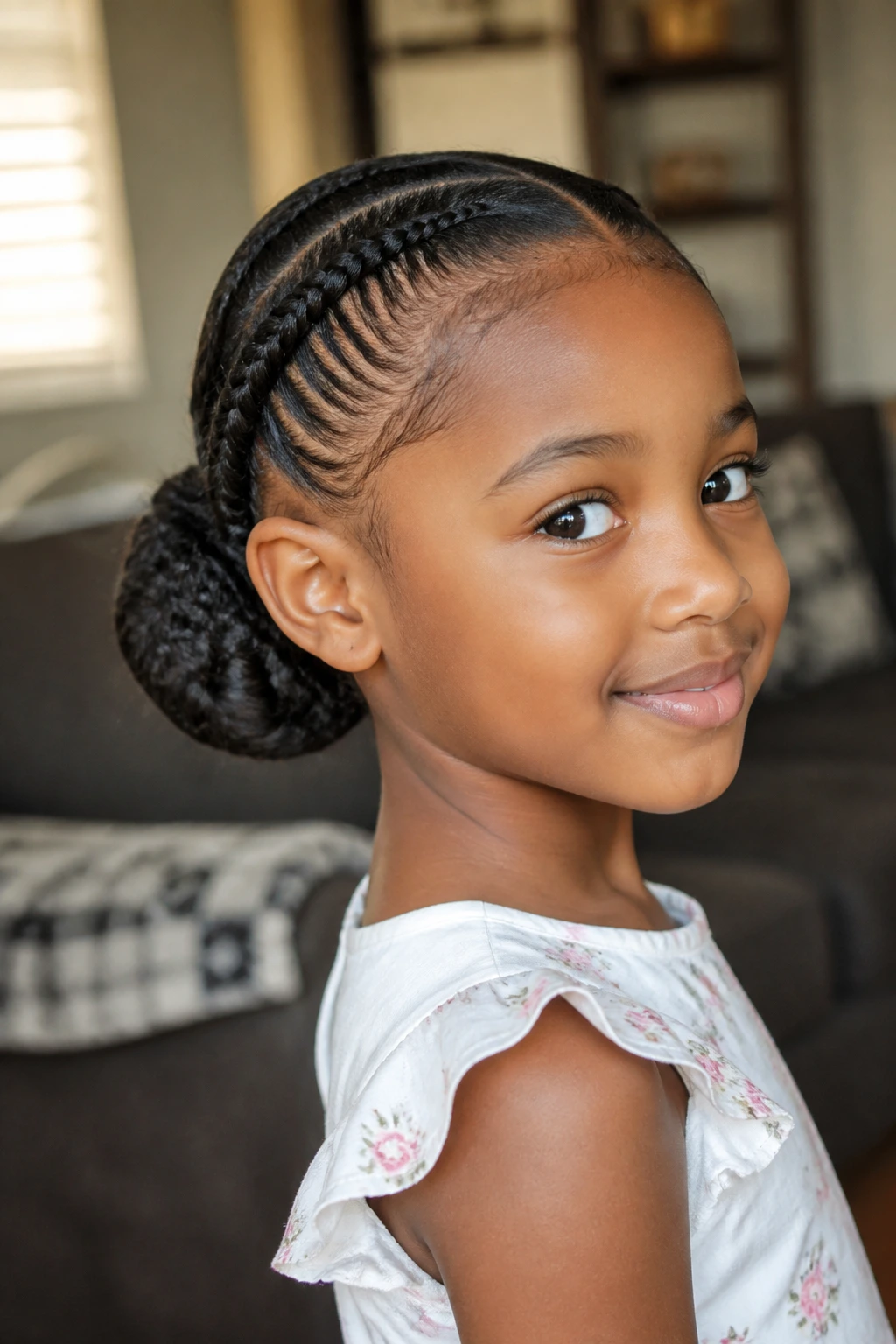 Real child with a low braided bun and side cornrow