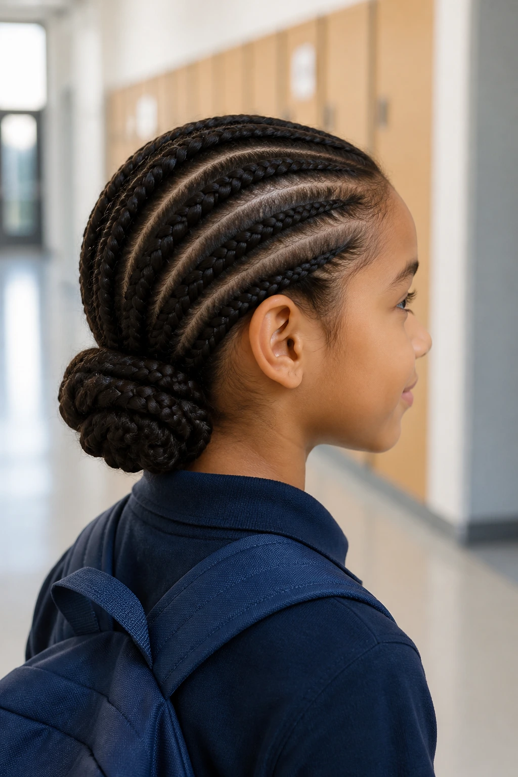 Side profile of a child with a low bun cornrow hairstyle
