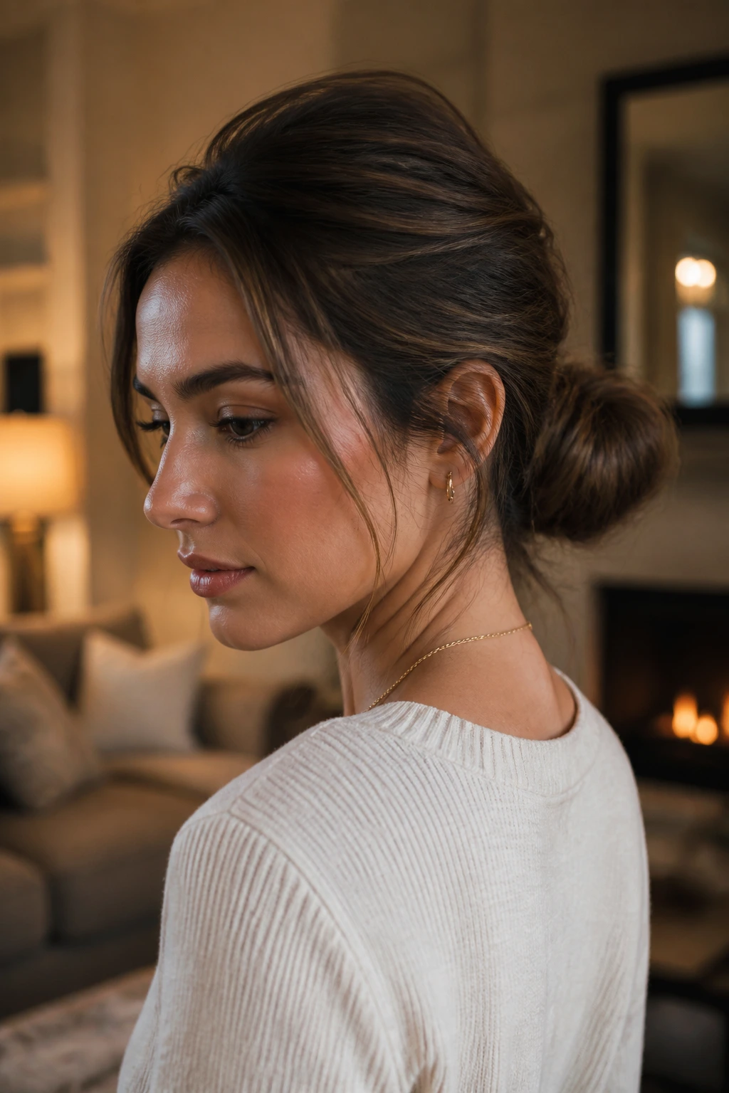 Close-up of a real woman wearing a low bun with lift at the crown