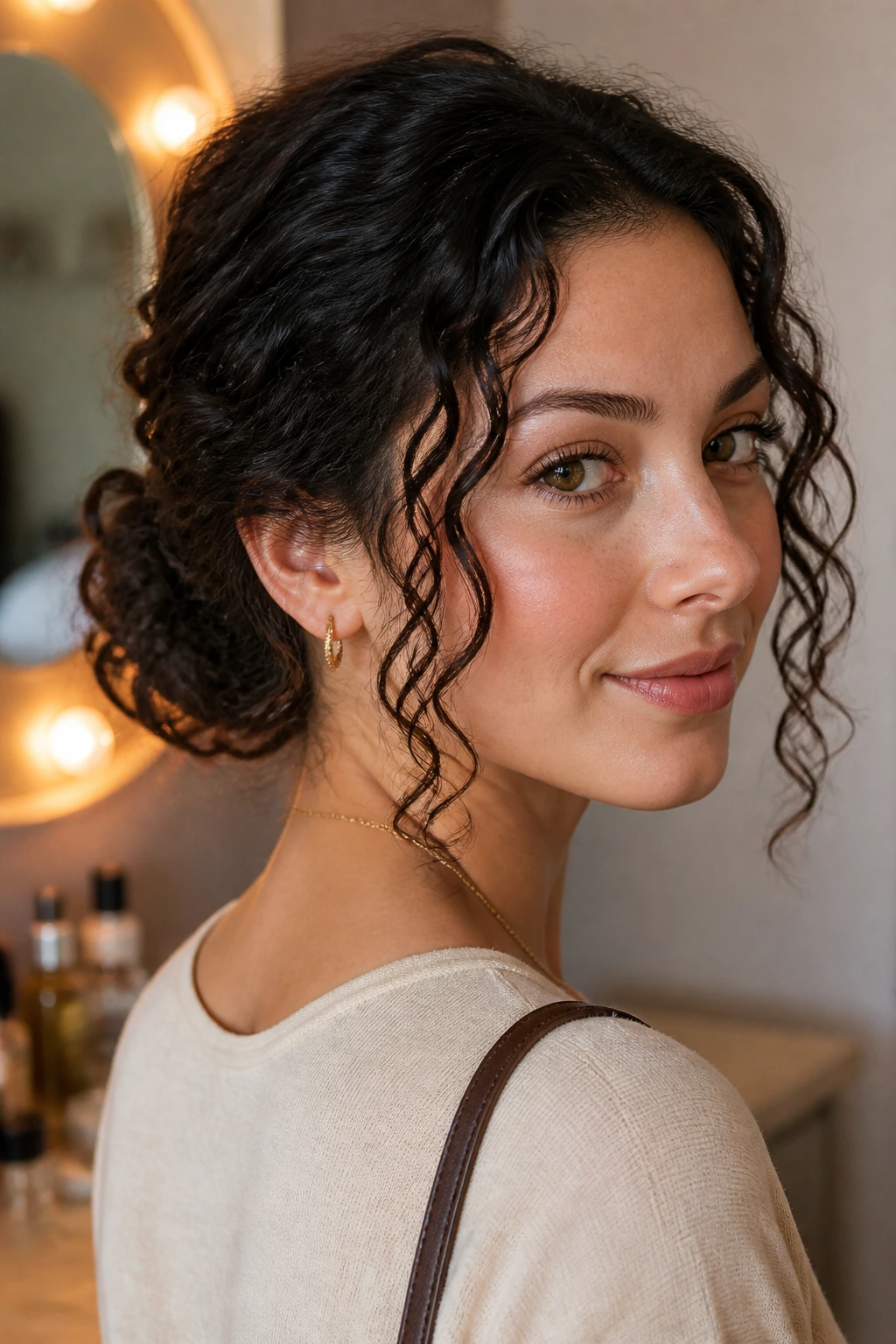 Close-up of real person with a low curly bun and face-framing curls