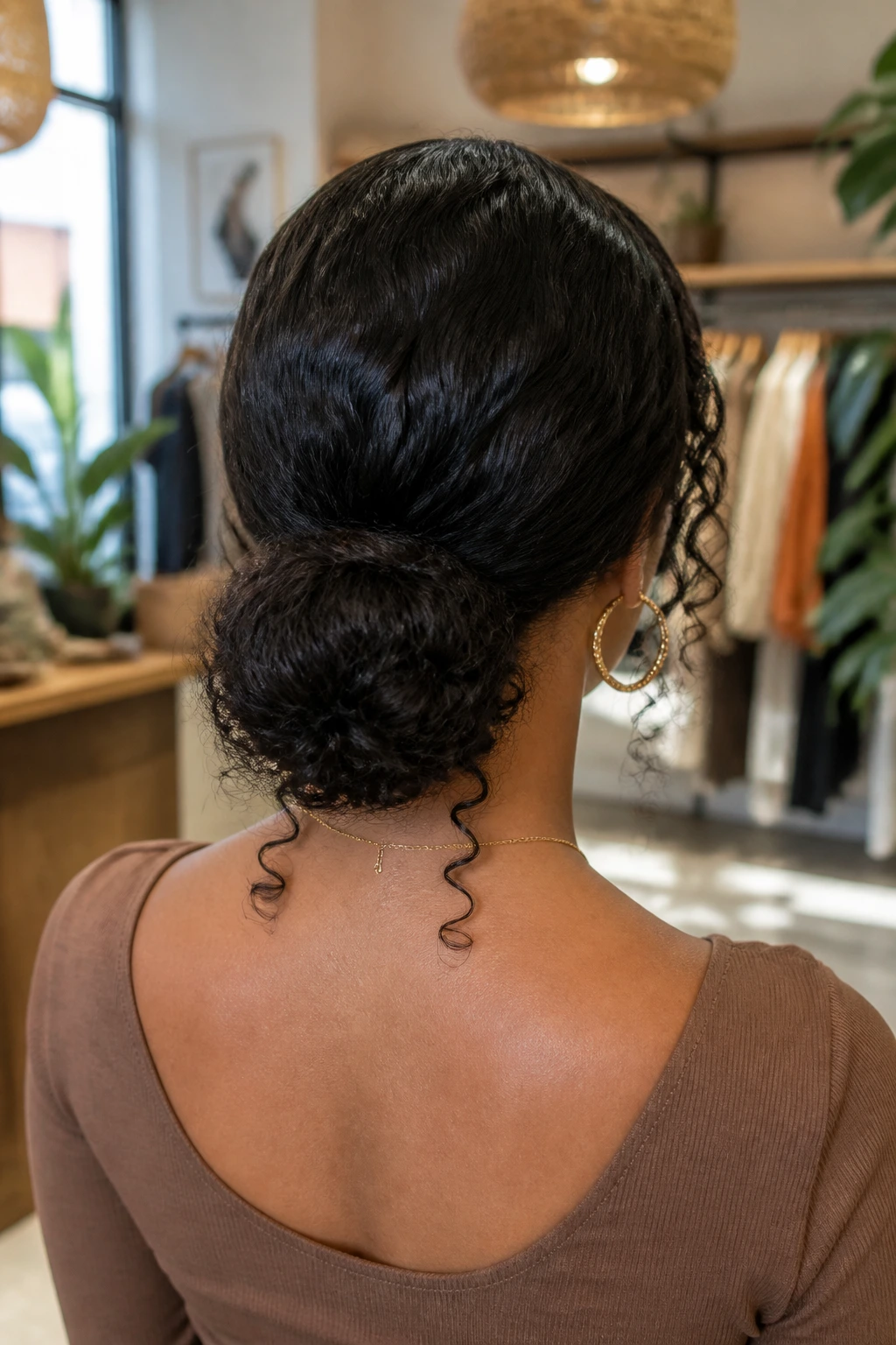 Back view of real woman with low bun and curly perimeter