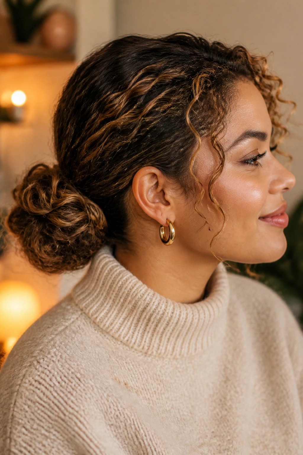 Close-up of a real person with a low bun showing curl texture and lowlights in winter