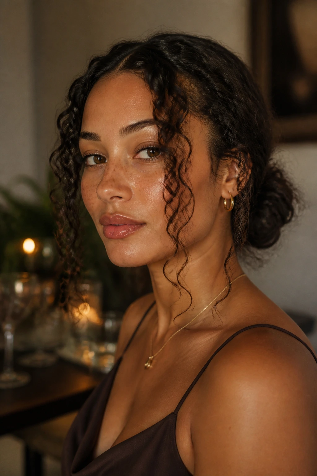 Close-up of real person with low bun and curly tendrils