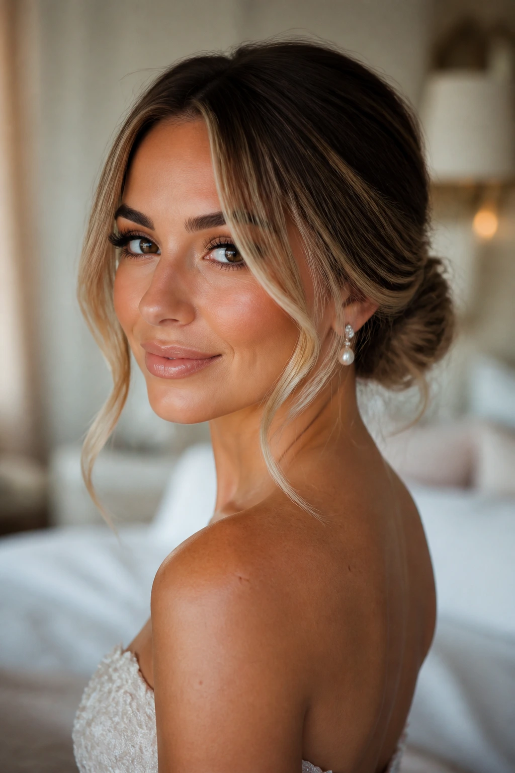 Close-up of a real bride with a low bun and curtain bangs framing the face