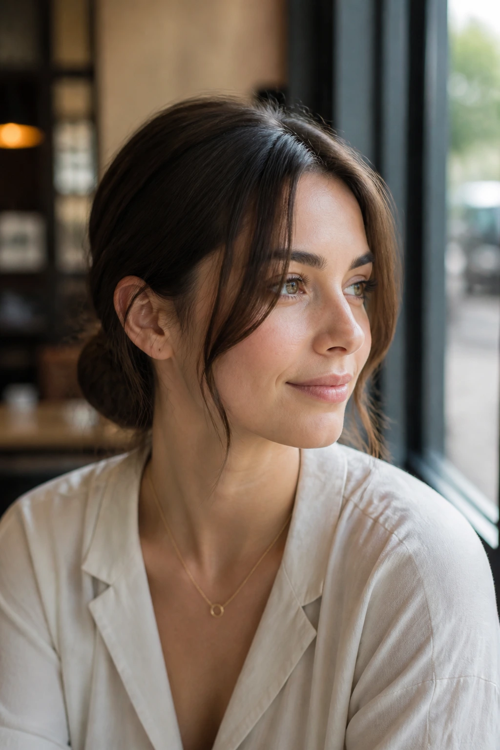 Close-up of real woman with a low bun and floating curtain pieces in natural cafe light.