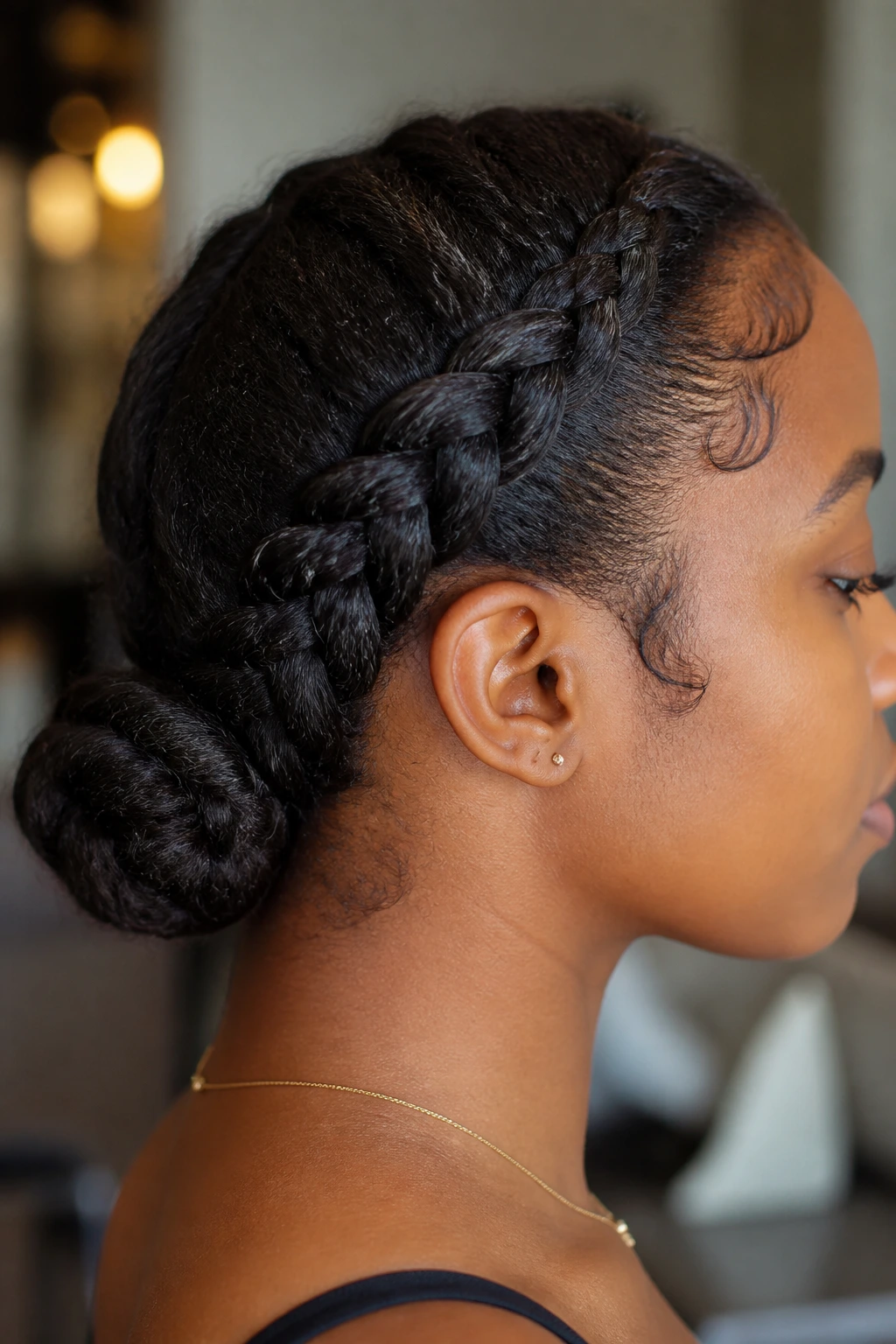 Close-up of a real person with a low Dutch braided bun at the nape and soft edges.