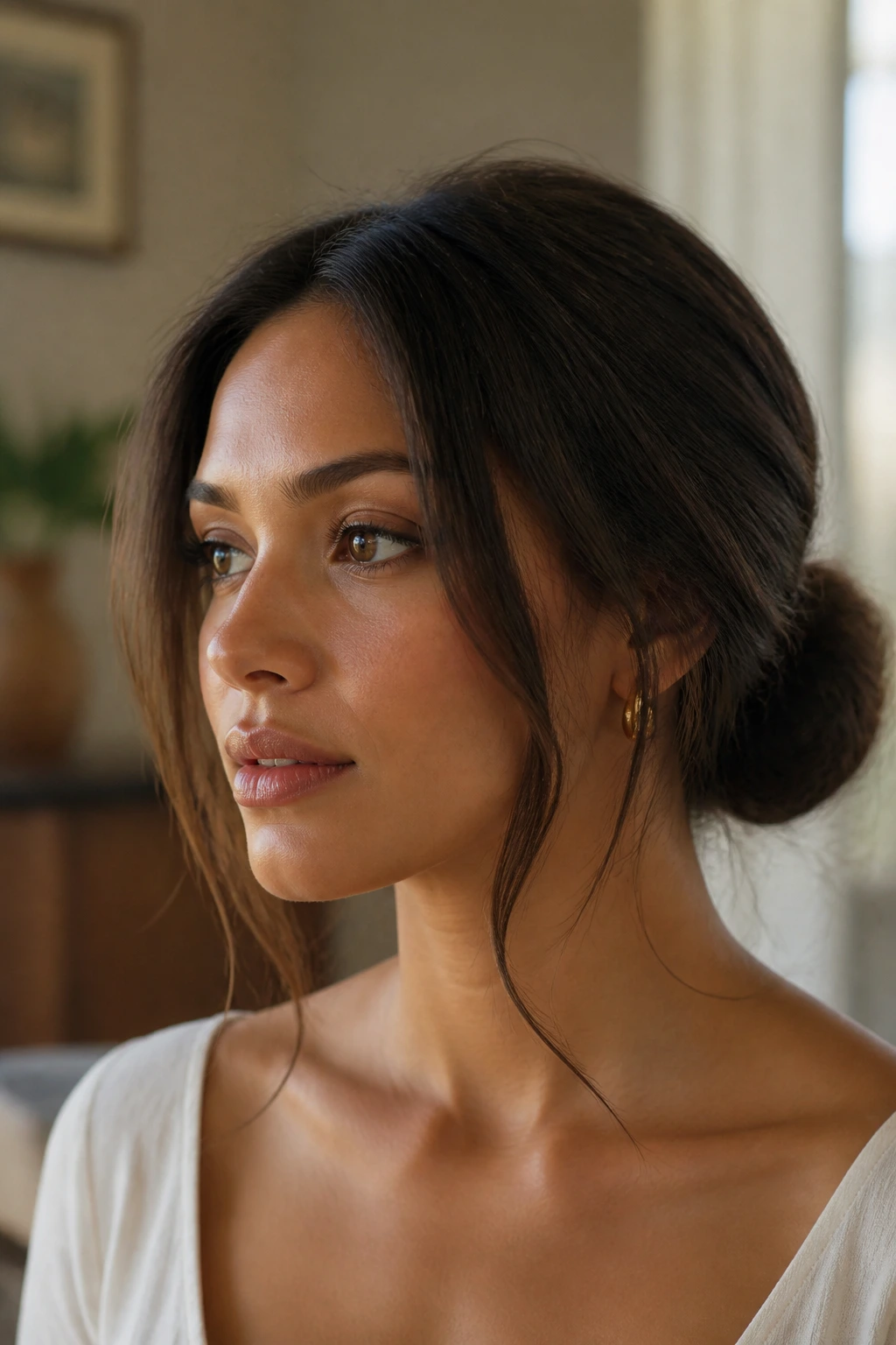 Close-up of a woman with a low bun and face-framing pieces in warm light