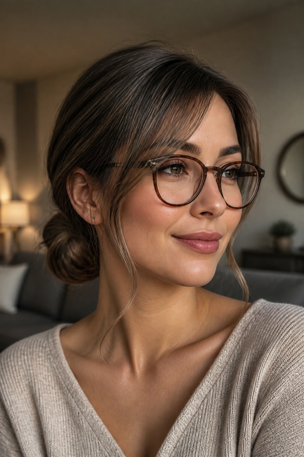 Close-up portrait of a real woman with a low bun and face-framing pieces