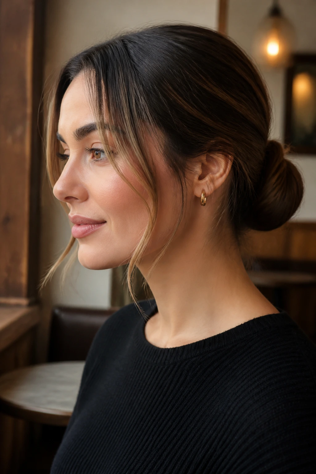Real woman with a sleek low bun and face-framing pieces in a cafe setting.